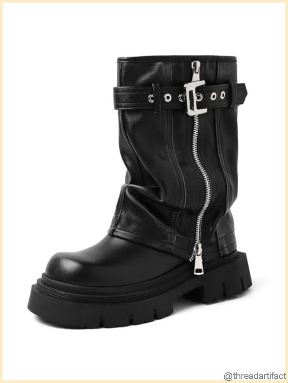 Chunky Heel Fold Over Mid Calf Motorcycle Boots Square Toe